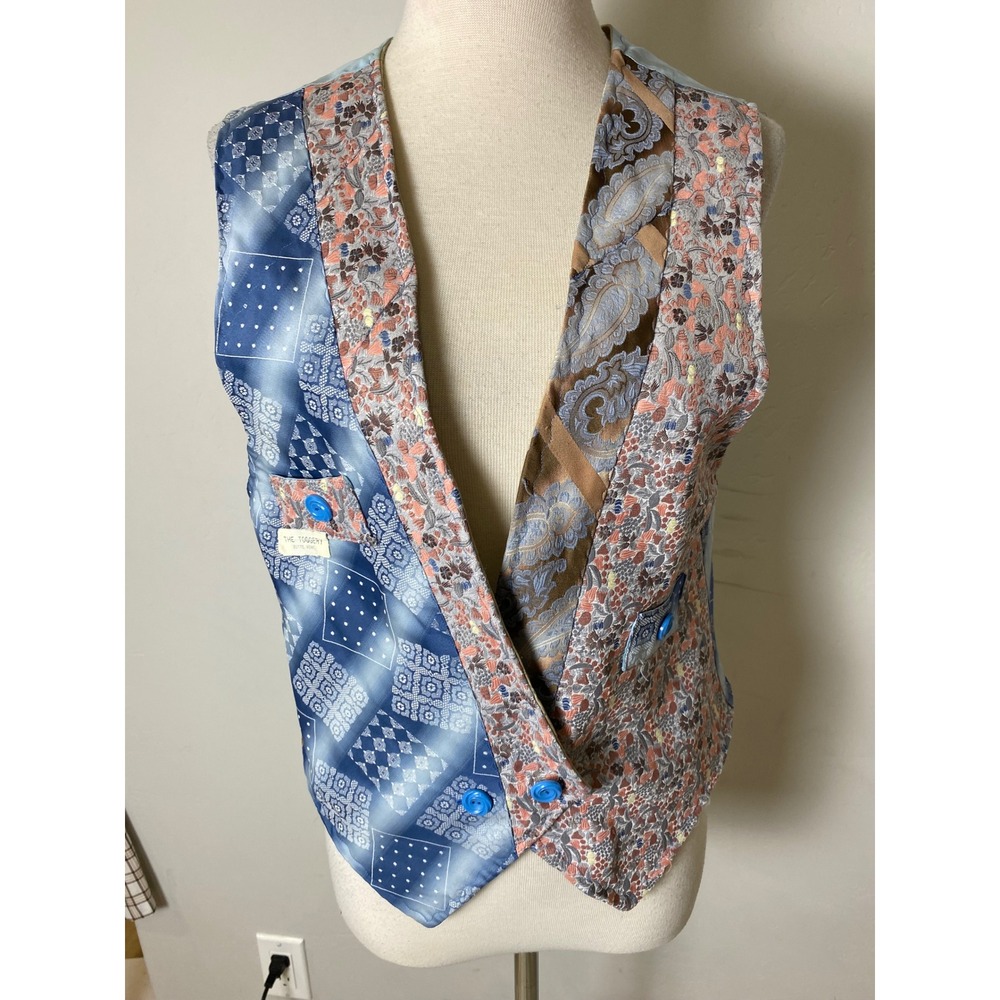 Handmade Vintage Tie Patchwork Vest Blue Paisley‎ Floral Artisan Waistcoat Boho